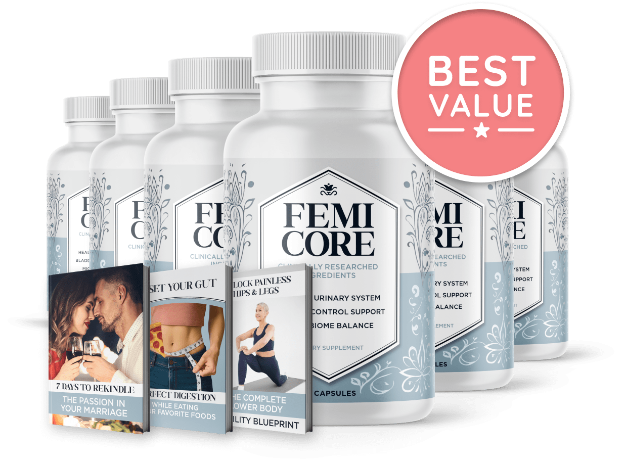 Official six-bottle FemiCore package with the seller-listed digital bonuses
